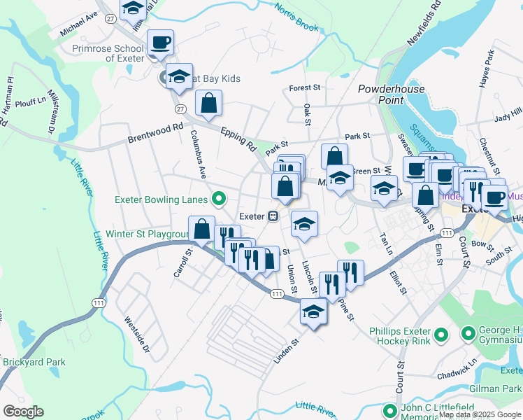 map of restaurants, bars, coffee shops, grocery stores, and more near 20 Rockingham Street in Exeter