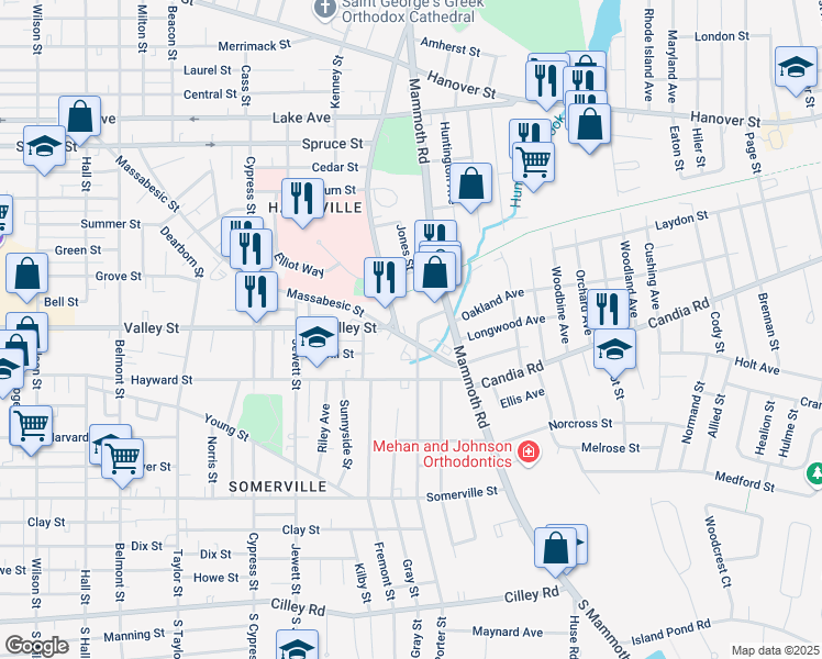 map of restaurants, bars, coffee shops, grocery stores, and more near 740 Massabesic Street in Manchester