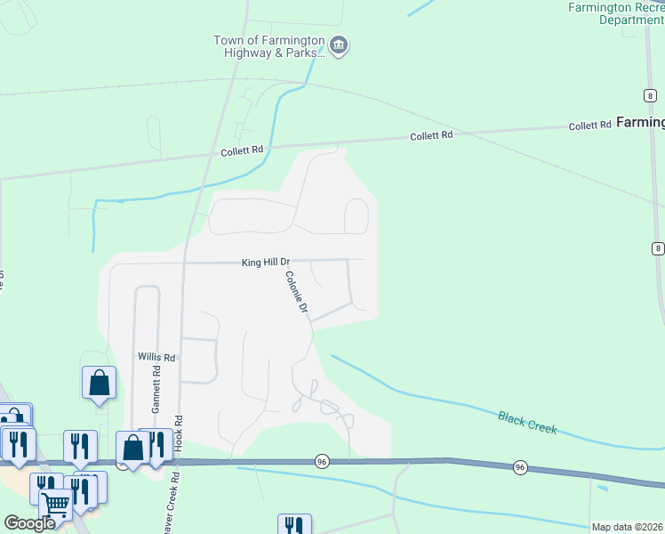 map of restaurants, bars, coffee shops, grocery stores, and more near 1129 Squire Lane in Farmington