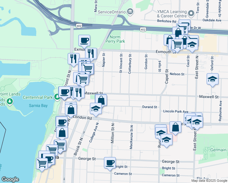 map of restaurants, bars, coffee shops, grocery stores, and more near 277 Maxwell Street in Sarnia