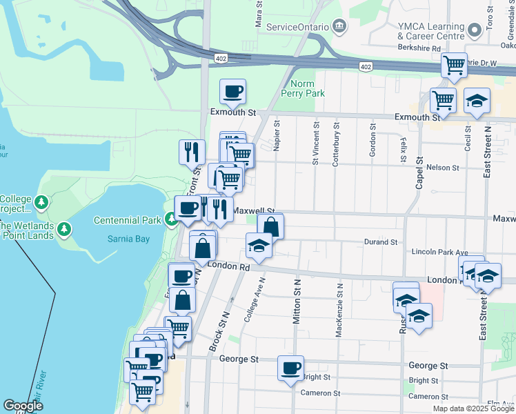 map of restaurants, bars, coffee shops, grocery stores, and more near 205 Maxwell Street in Sarnia