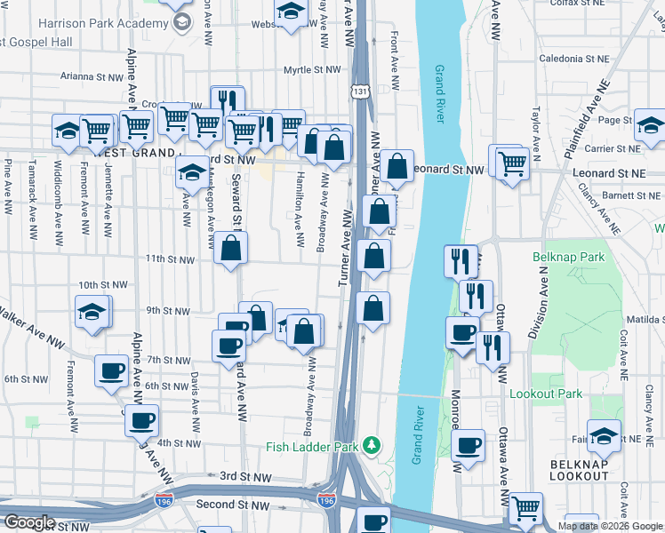 map of restaurants, bars, coffee shops, grocery stores, and more near 940 Broadway Avenue Northwest in Grand Rapids