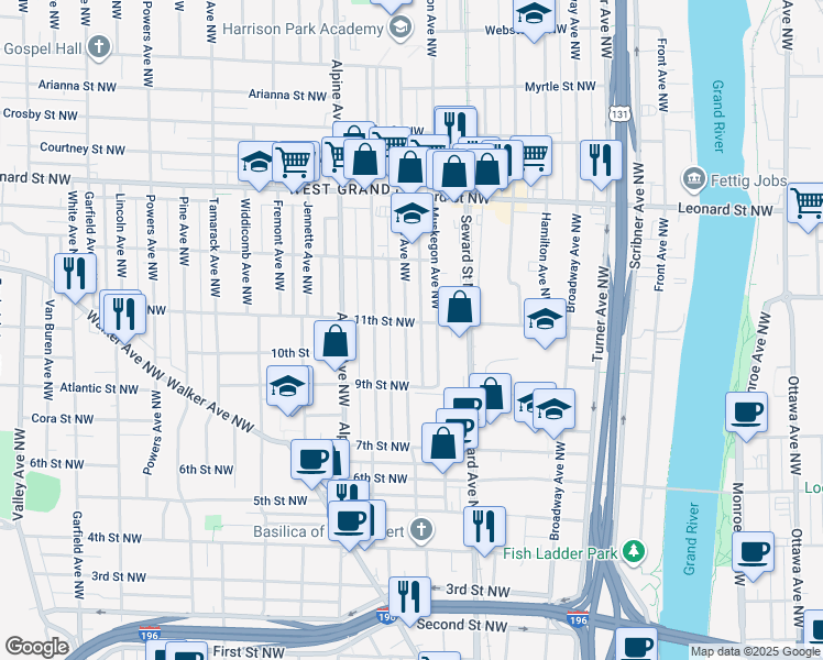 map of restaurants, bars, coffee shops, grocery stores, and more near 945 Davis Avenue Northwest in Grand Rapids