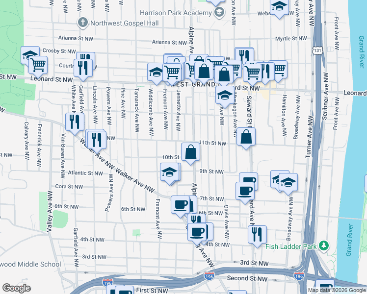 map of restaurants, bars, coffee shops, grocery stores, and more near 825 10th Street Northwest in Grand Rapids