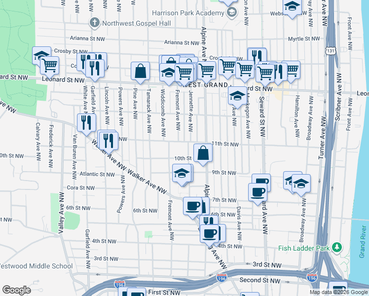 map of restaurants, bars, coffee shops, grocery stores, and more near 865 10th Street Northwest in Grand Rapids