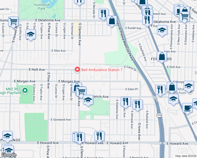 map of restaurants, bars, coffee shops, grocery stores, and more near 1429 East Morgan Avenue in Milwaukee