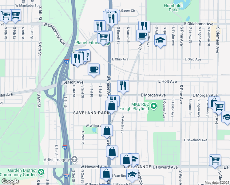 map of restaurants, bars, coffee shops, grocery stores, and more near 3502 South Chase Avenue in Milwaukee