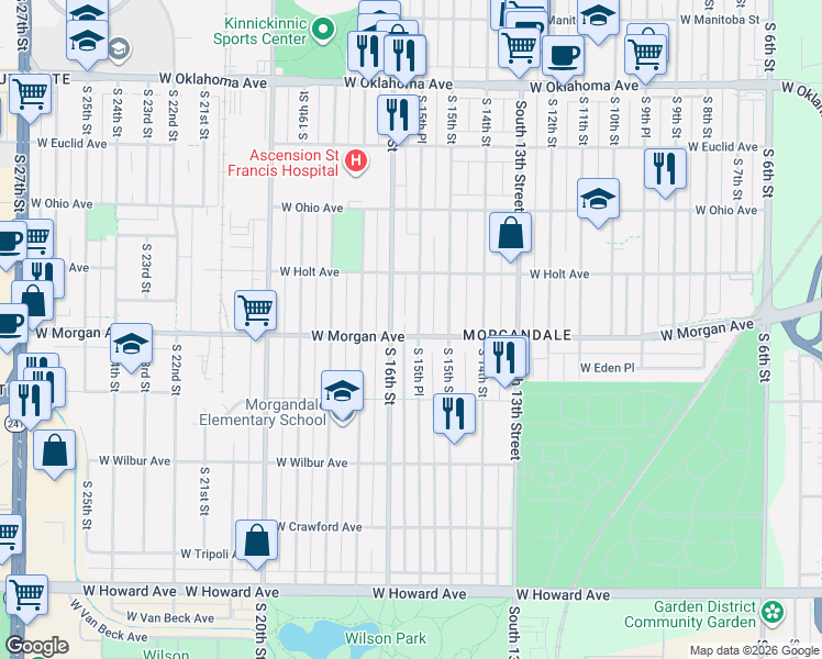 map of restaurants, bars, coffee shops, grocery stores, and more near 1562 West Morgan Avenue in Milwaukee