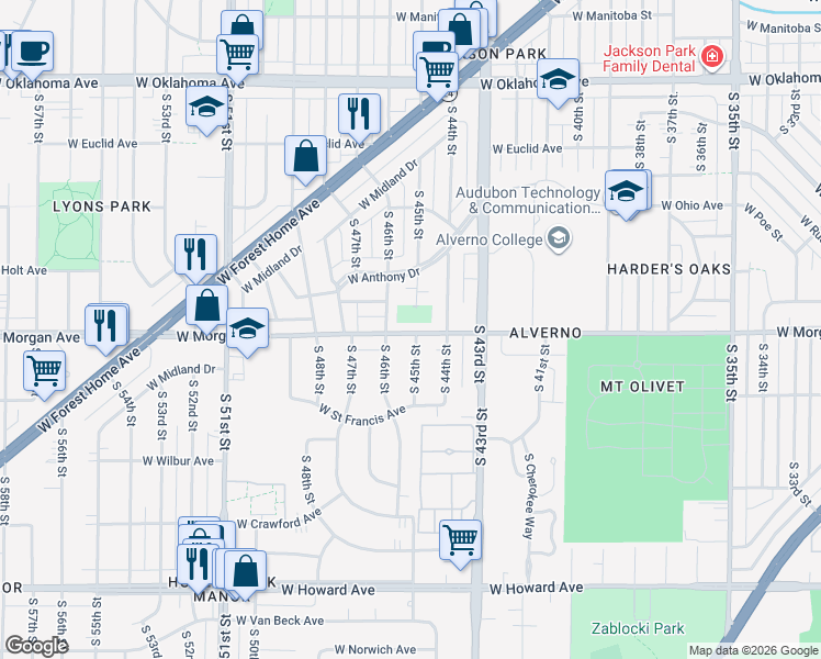 map of restaurants, bars, coffee shops, grocery stores, and more near in Greenfield