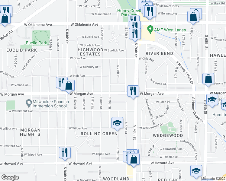 map of restaurants, bars, coffee shops, grocery stores, and more near 7821 West Morgan Avenue in Milwaukee