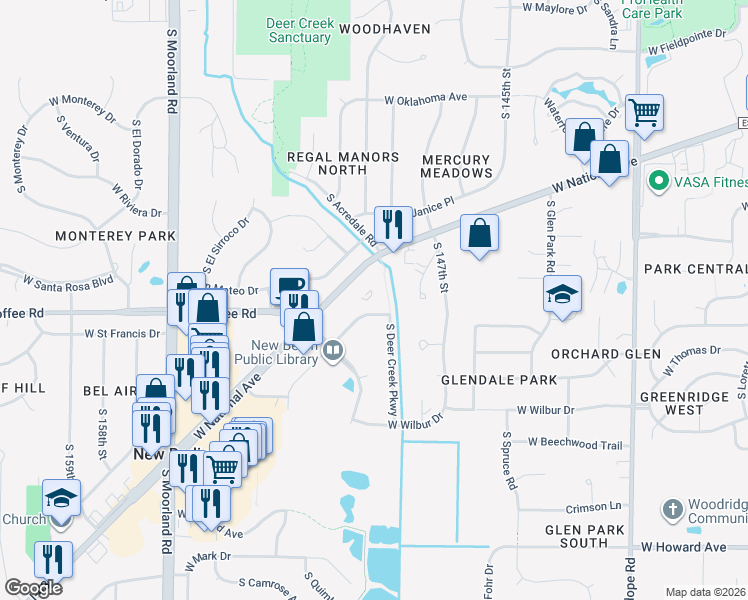 map of restaurants, bars, coffee shops, grocery stores, and more near 14900 West Library Lane in New Berlin