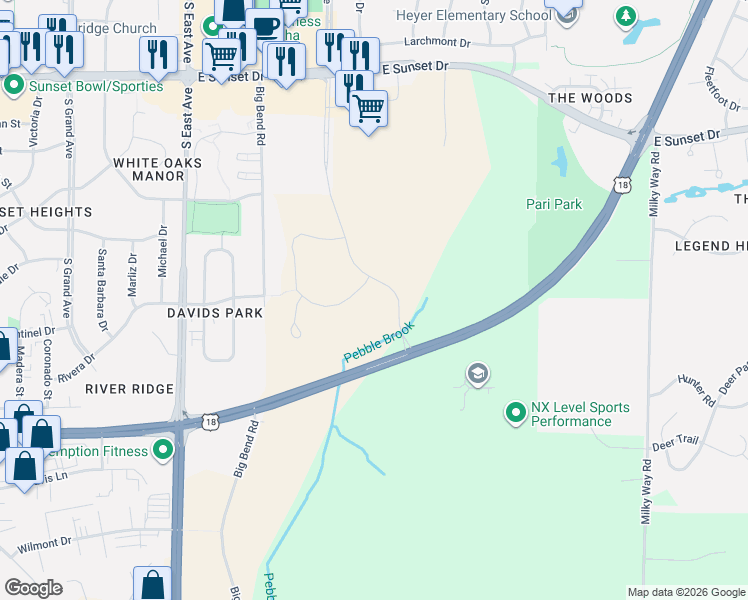 map of restaurants, bars, coffee shops, grocery stores, and more near Les Paul Parkway in Waukesha
