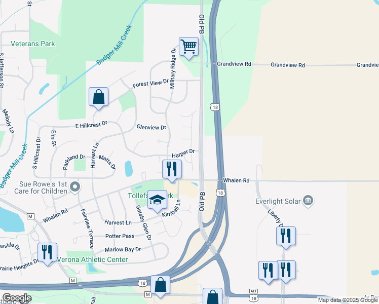 map of restaurants, bars, coffee shops, grocery stores, and more near 913 Harper Drive in Verona