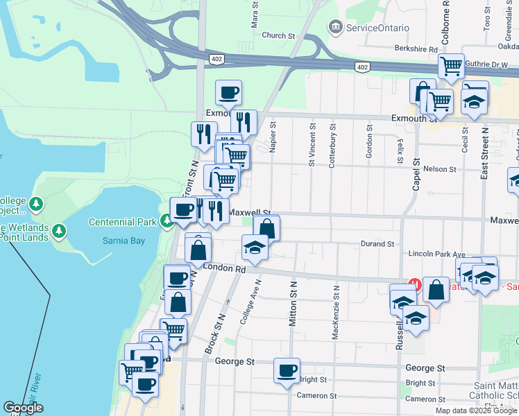 map of restaurants, bars, coffee shops, grocery stores, and more near 226 Maxwell Street in Sarnia