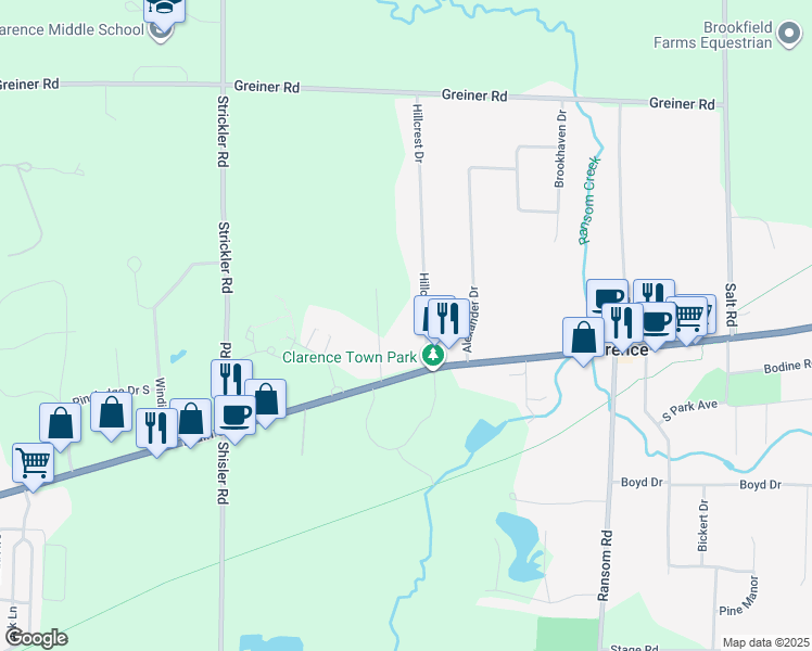 map of restaurants, bars, coffee shops, grocery stores, and more near in Clarence