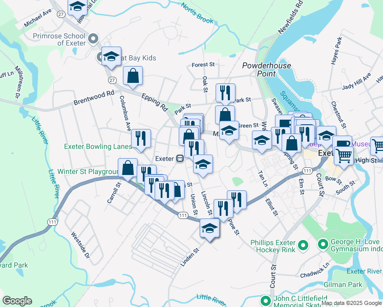 map of restaurants, bars, coffee shops, grocery stores, and more near 53 Lincoln Street in Exeter