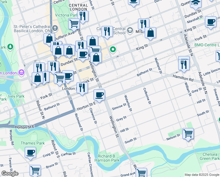 map of restaurants, bars, coffee shops, grocery stores, and more near 300 Wellington Street in London