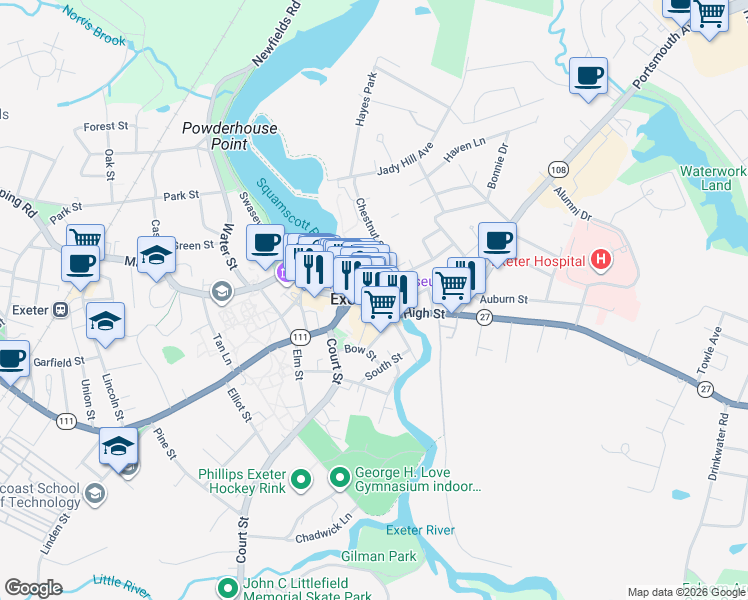 map of restaurants, bars, coffee shops, grocery stores, and more near in Exeter
