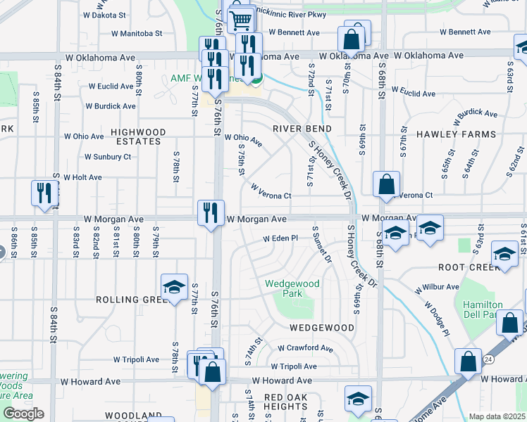 map of restaurants, bars, coffee shops, grocery stores, and more near 7404 West Morgan Avenue in Milwaukee