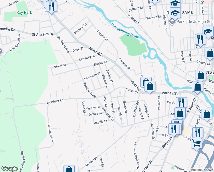 map of restaurants, bars, coffee shops, grocery stores, and more near 36 Warner Street in Manchester