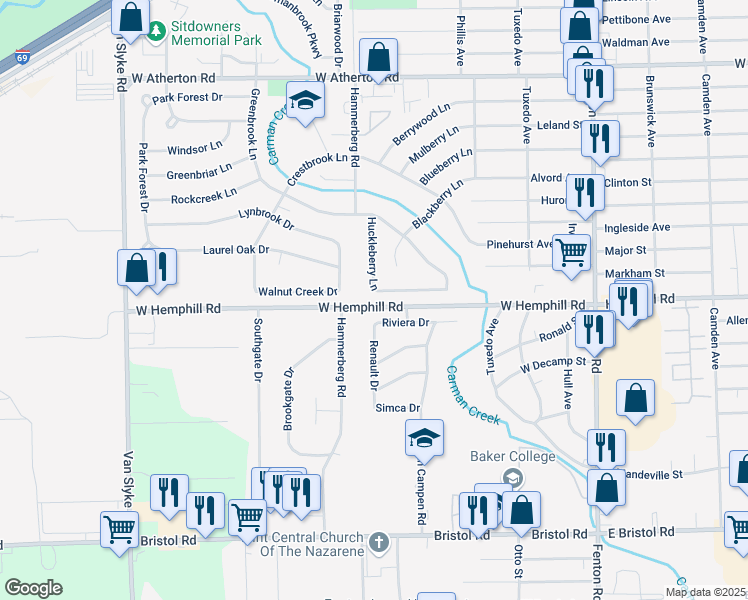 map of restaurants, bars, coffee shops, grocery stores, and more near 1625 Raspberry Lane in Flint