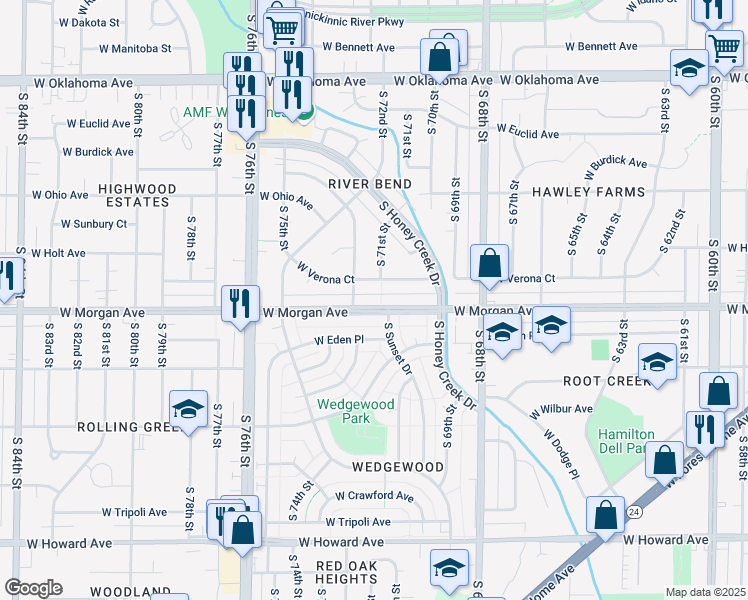 map of restaurants, bars, coffee shops, grocery stores, and more near 7036 West Morgan Avenue in Milwaukee