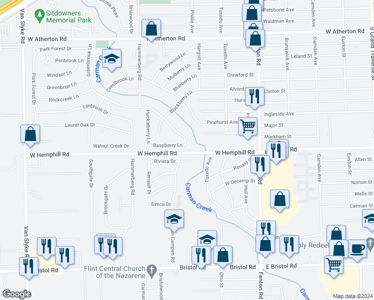 map of restaurants, bars, coffee shops, grocery stores, and more near 1502 Greenbrook Lane in Flint