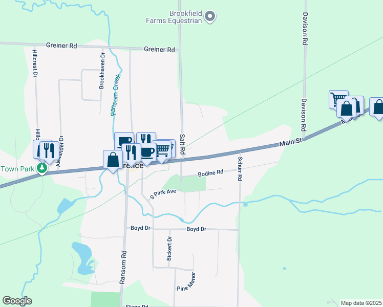 map of restaurants, bars, coffee shops, grocery stores, and more near 10782 Main Street in Clarence