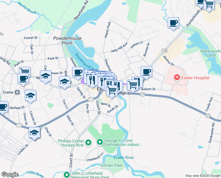 map of restaurants, bars, coffee shops, grocery stores, and more near in Exeter