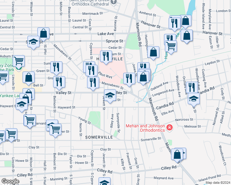 map of restaurants, bars, coffee shops, grocery stores, and more near 1010 Valley Street in Manchester
