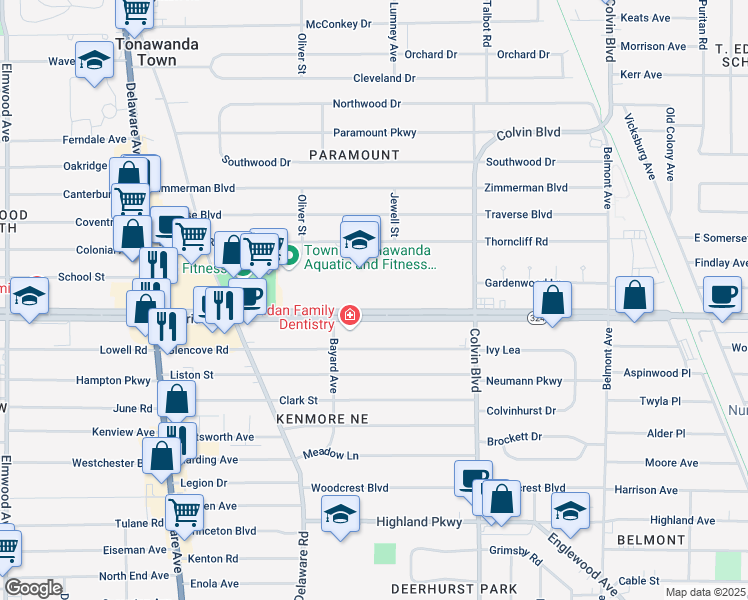 map of restaurants, bars, coffee shops, grocery stores, and more near 1920 Sheridan Drive in Buffalo