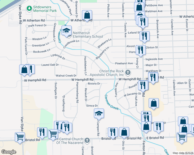 map of restaurants, bars, coffee shops, grocery stores, and more near 1198 Riviera Drive in Flint