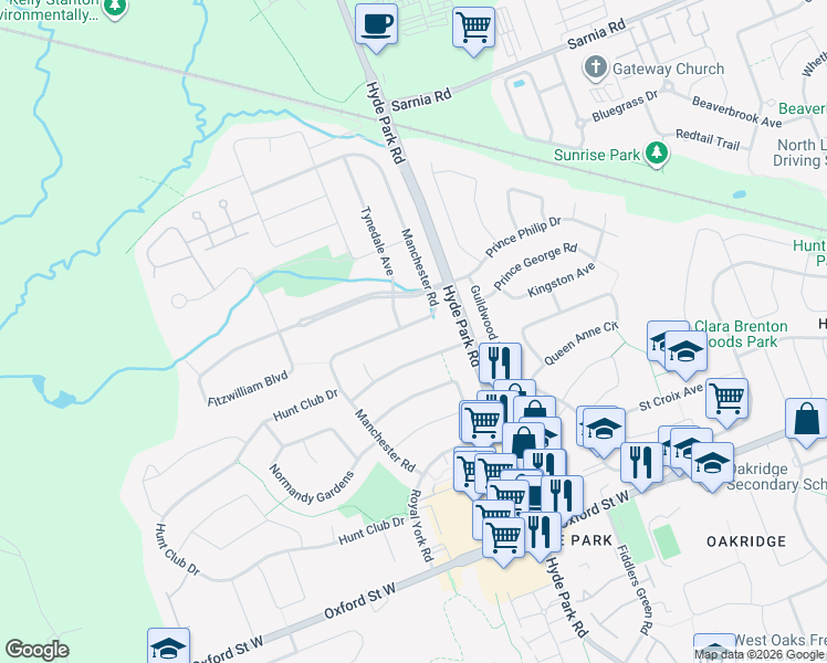 map of restaurants, bars, coffee shops, grocery stores, and more near 903 Manchester Road in London
