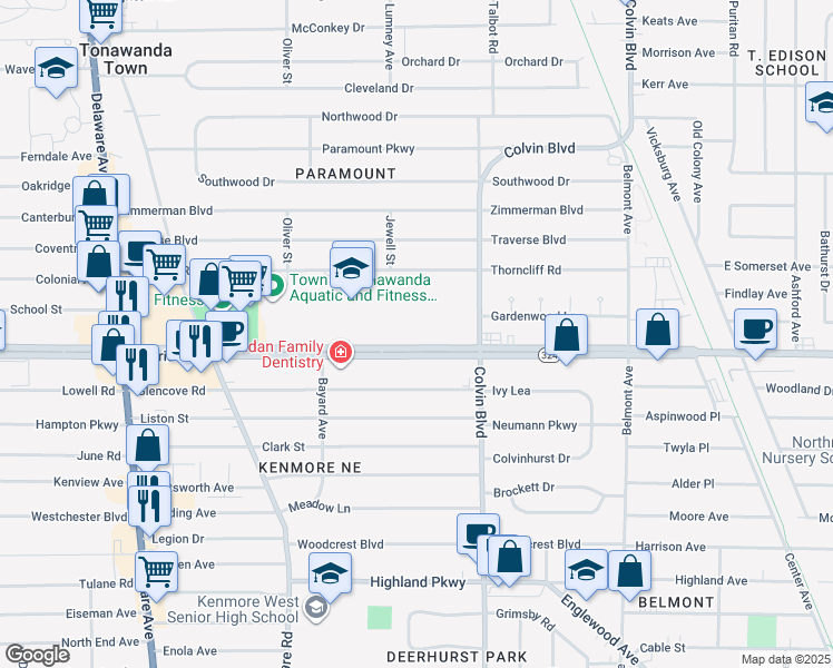 map of restaurants, bars, coffee shops, grocery stores, and more near 1972-2000 Sheridan Drive in Erie County