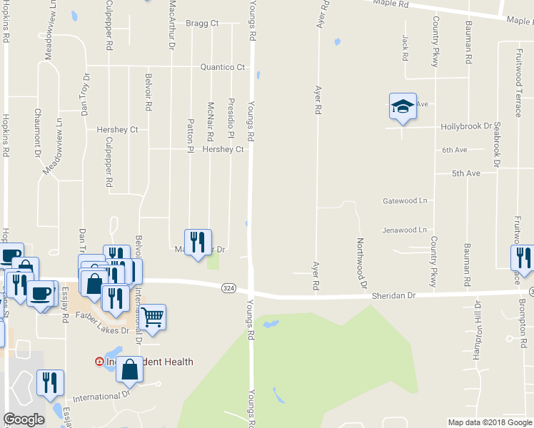 map of restaurants, bars, coffee shops, grocery stores, and more near 701 Youngs Road in Buffalo