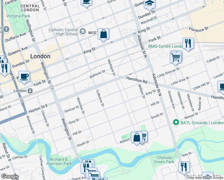 map of restaurants, bars, coffee shops, grocery stores, and more near 423 Simcoe Street in London