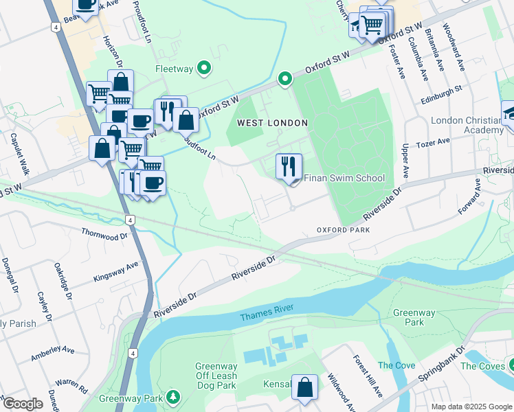 map of restaurants, bars, coffee shops, grocery stores, and more near 585 Proudfoot Lane in London