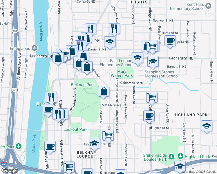 map of restaurants, bars, coffee shops, grocery stores, and more near 1005 Clancy Avenue Northeast in Grand Rapids