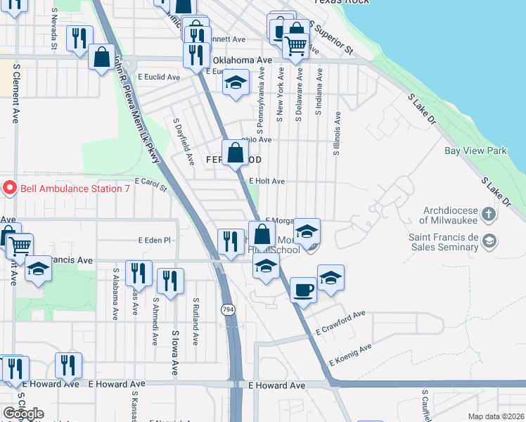 map of restaurants, bars, coffee shops, grocery stores, and more near 2418 East Morgan Avenue in Milwaukee