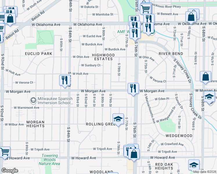 map of restaurants, bars, coffee shops, grocery stores, and more near 7922 West Morgan Avenue in Milwaukee