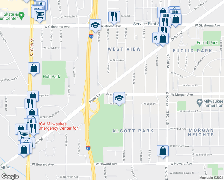 map of restaurants, bars, coffee shops, grocery stores, and more near 9800 West Morgan Avenue in Milwaukee