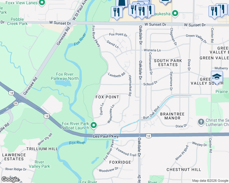 map of restaurants, bars, coffee shops, grocery stores, and more near 1251 Market Place in Waukesha