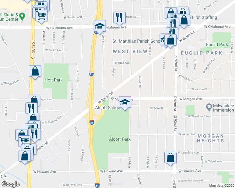 map of restaurants, bars, coffee shops, grocery stores, and more near 9800 West Morgan Avenue in Milwaukee