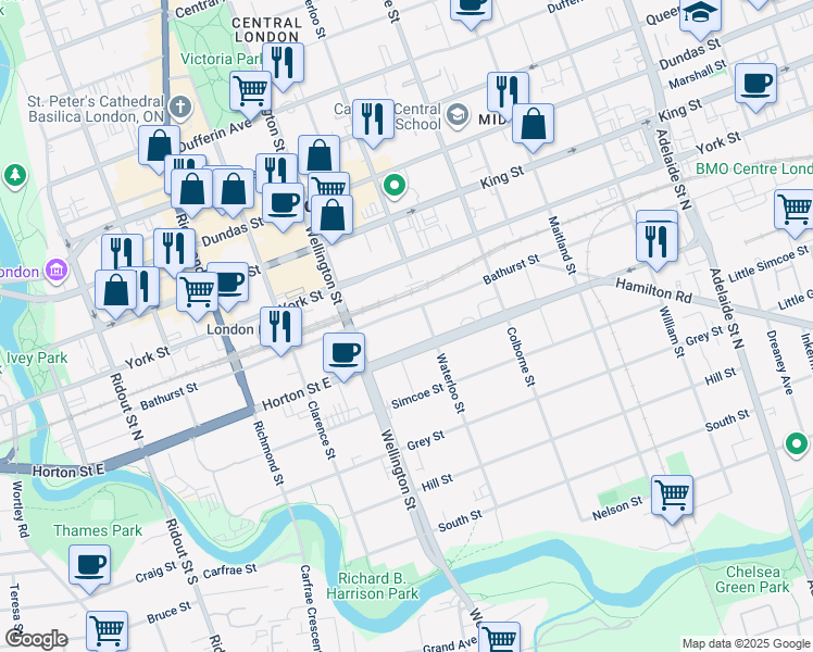 map of restaurants, bars, coffee shops, grocery stores, and more near 295 Waterloo Street in London
