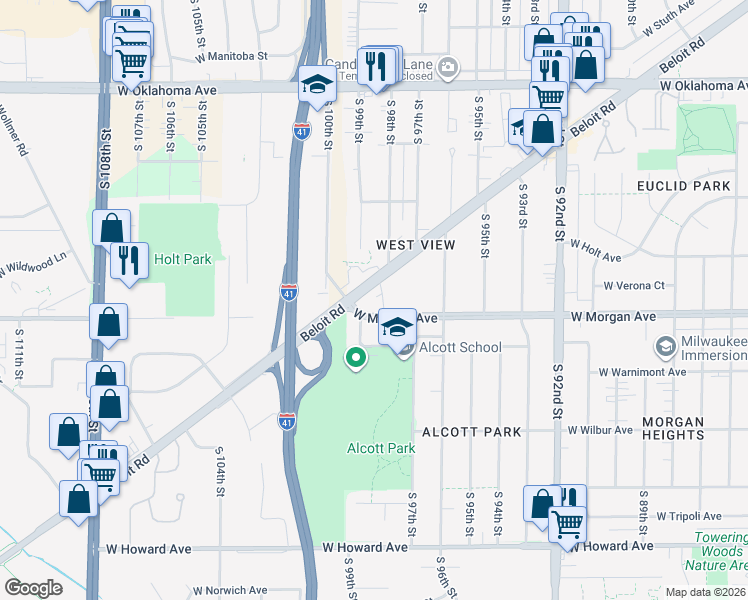 map of restaurants, bars, coffee shops, grocery stores, and more near 9800 West Morgan Avenue in Milwaukee