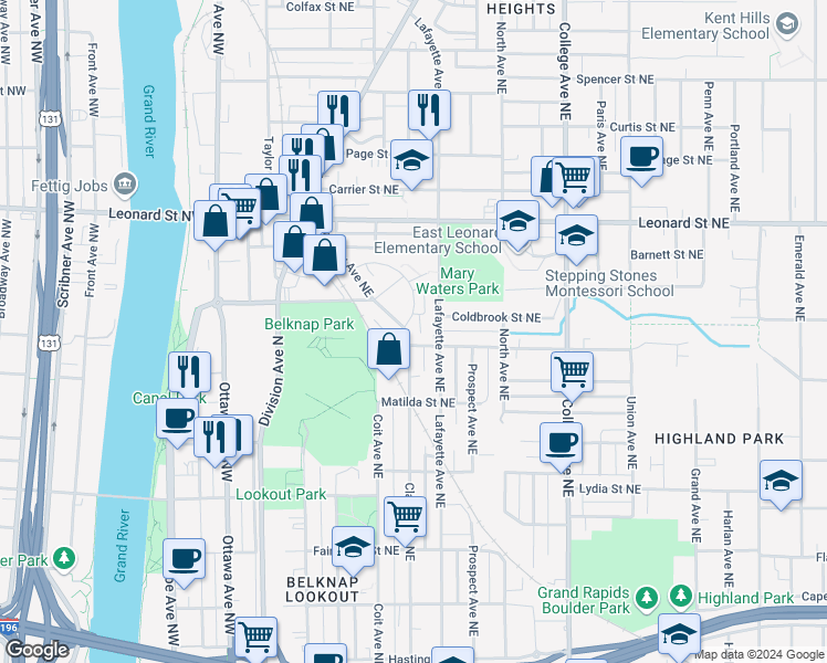 map of restaurants, bars, coffee shops, grocery stores, and more near 1012 Clancy Avenue Northeast in Grand Rapids