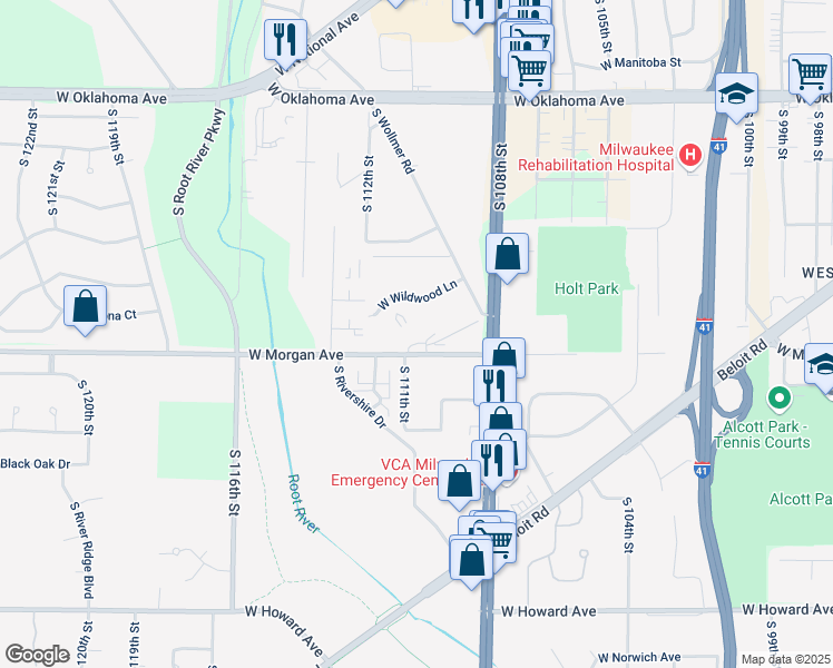 map of restaurants, bars, coffee shops, grocery stores, and more near 3459 South 110th Street in Milwaukee