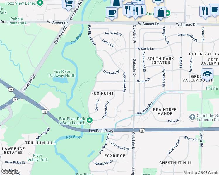 map of restaurants, bars, coffee shops, grocery stores, and more near 1251 Market Place in Waukesha