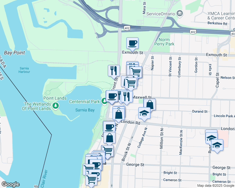 map of restaurants, bars, coffee shops, grocery stores, and more near 2 Water Street in Sarnia