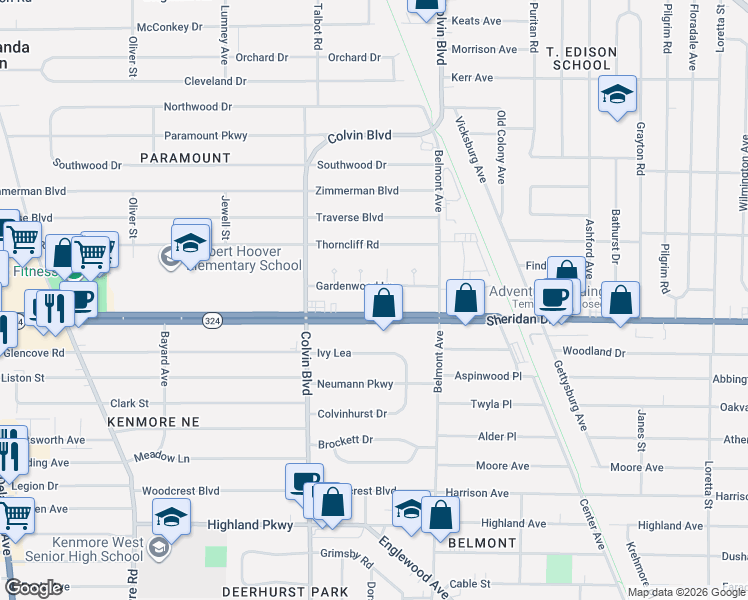 map of restaurants, bars, coffee shops, grocery stores, and more near 2100 Sheridan Drive in Buffalo